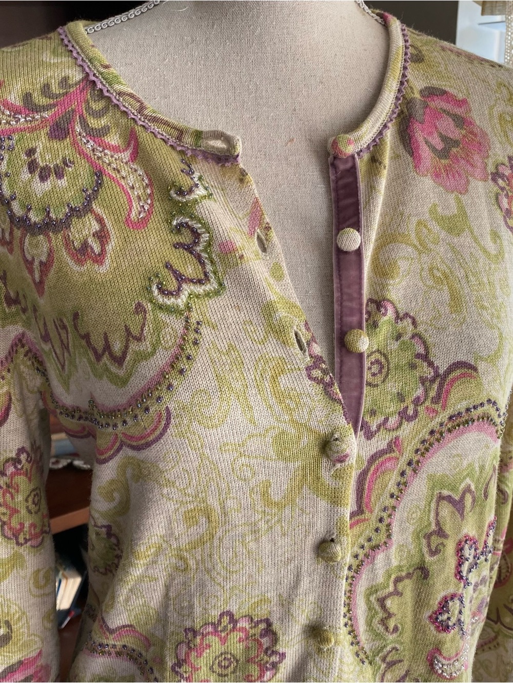 Sigrid Olsen Paisley Button-Front Long Sleeve Cardigan, in Green-Pink M EUC - Picture 2 of 14